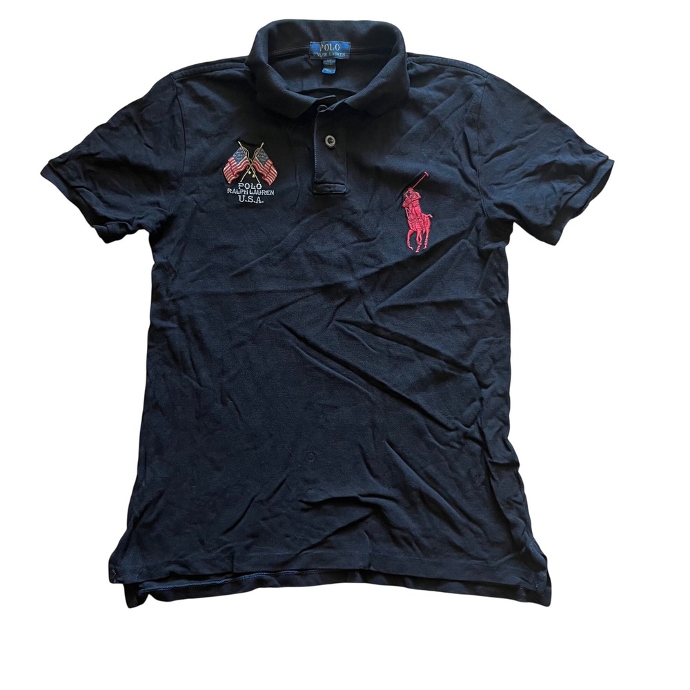 Polo Ralph Lauren Boys L 14-16 Black Big Pony Eagle Old Glory Polo Shirt